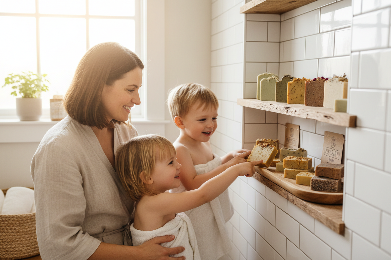 Mother and children choosing handmade soap bars