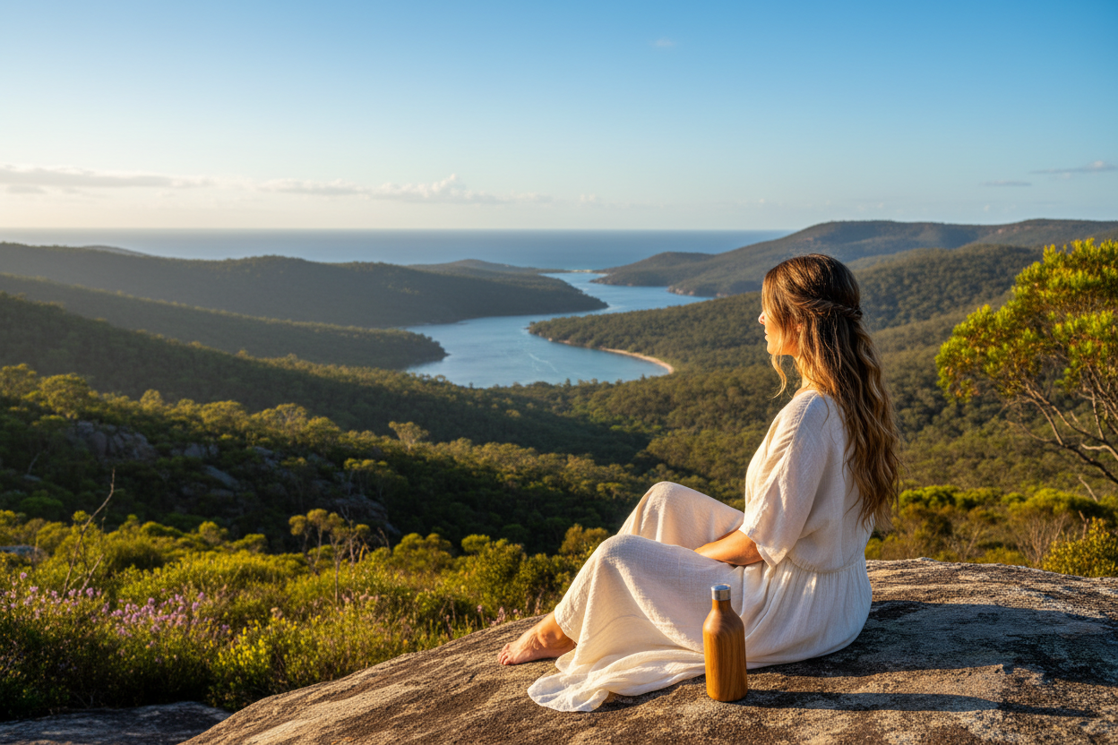 Woman in Summer Dress overlooking Australian Bush and Water